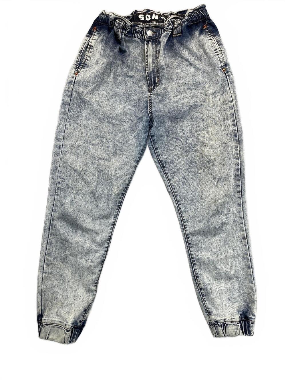 SONG High-Waisted Acid Wash Denim Joggers Elastic Waist Cuffed Hem Blue Jeans